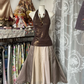 Brown halter neck fitted waist A-line skirt ball gown R6383