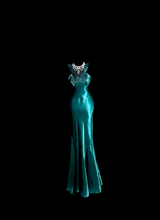 Lake blue halter-neck satin fitted long ball gown R6623