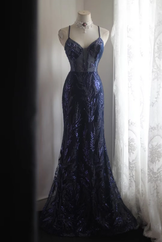 Navy blue sequined halter-neck fitted bodycon long ball gown R6782