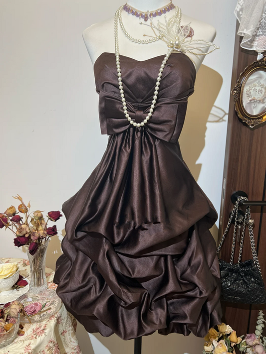 Dark brown tube top slim waist flower bud skirt short skirt homecoming dress R4239