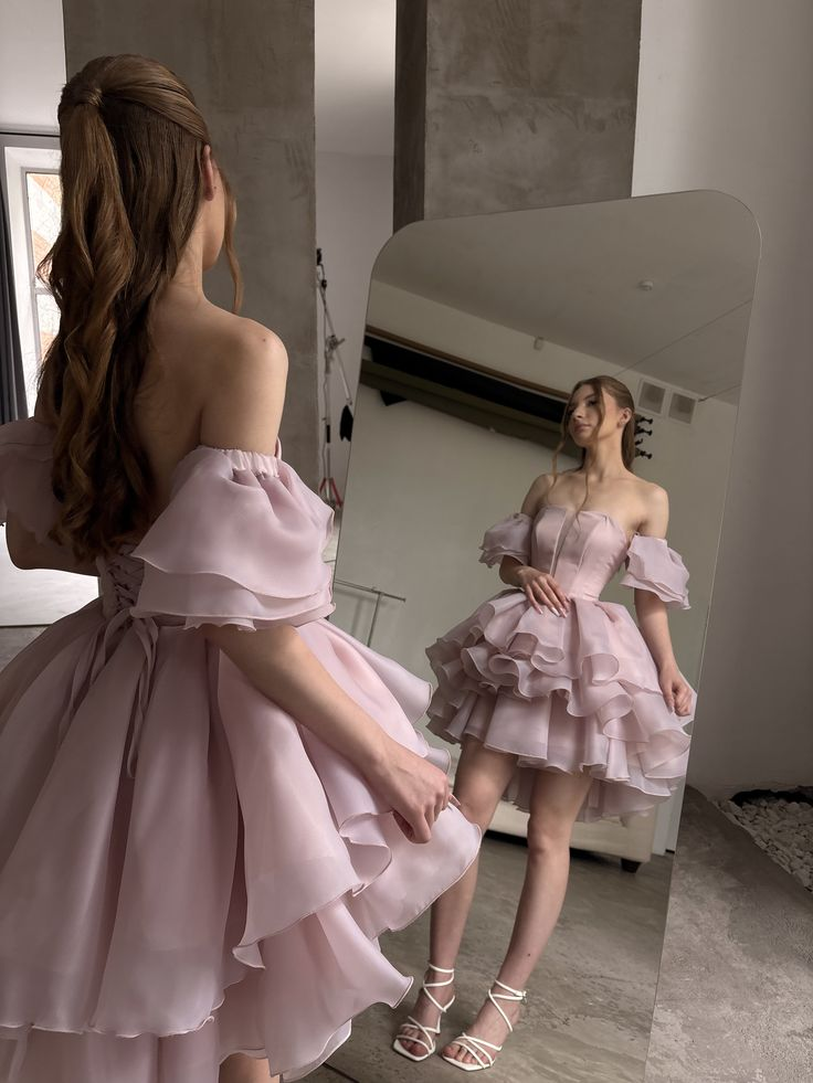 Pink Strapless Ruched Waist Tiered Tulle Mini Homecoming Dress R5453