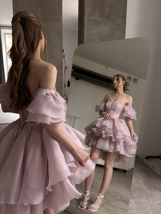 Pink Strapless Ruched Waist Tiered Tulle Mini Homecoming Dress R5453