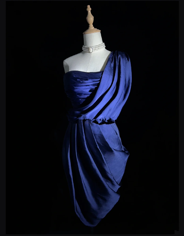 Dark blue strapless pleated design asymmetrical skirt homecoming dress R5012