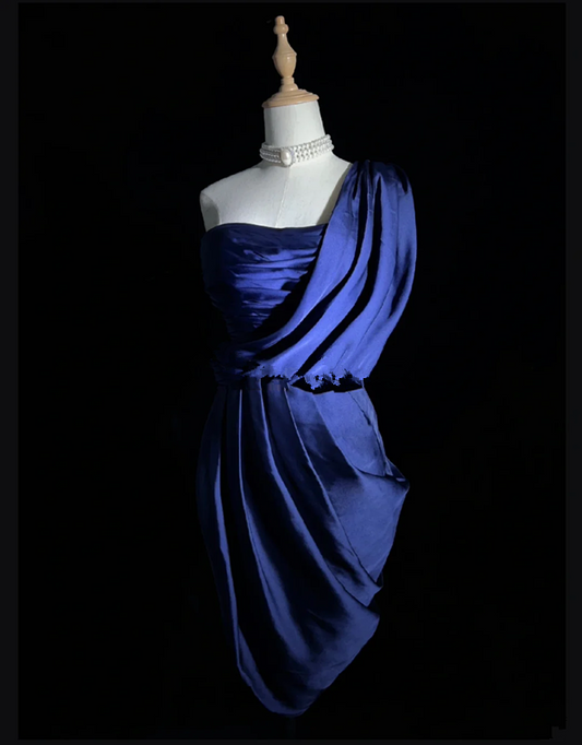 Dark blue strapless pleated design asymmetrical skirt homecoming dress R5012