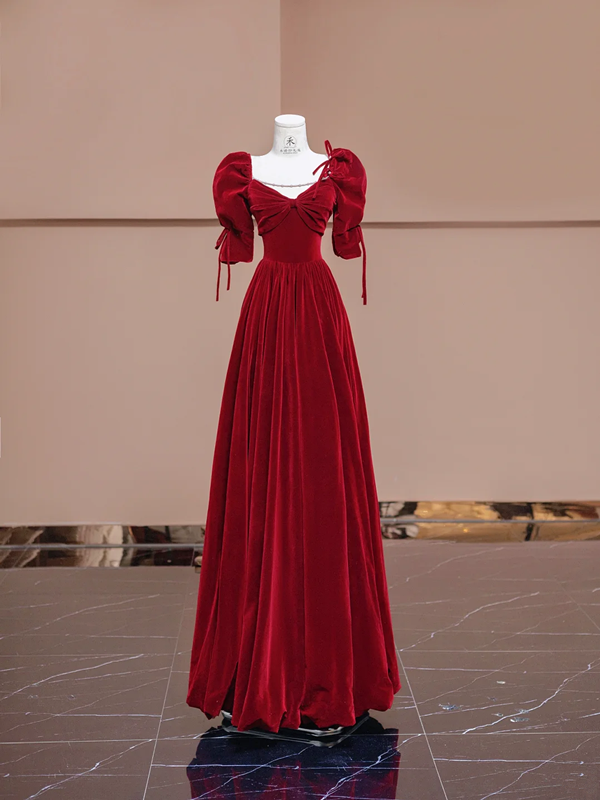 Deep red square neckline fitted waist long ball gown, bridal dress R8383