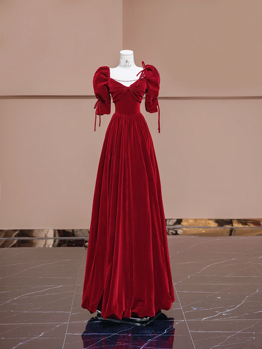 Deep red square neckline fitted waist long ball gown, bridal dress R8383