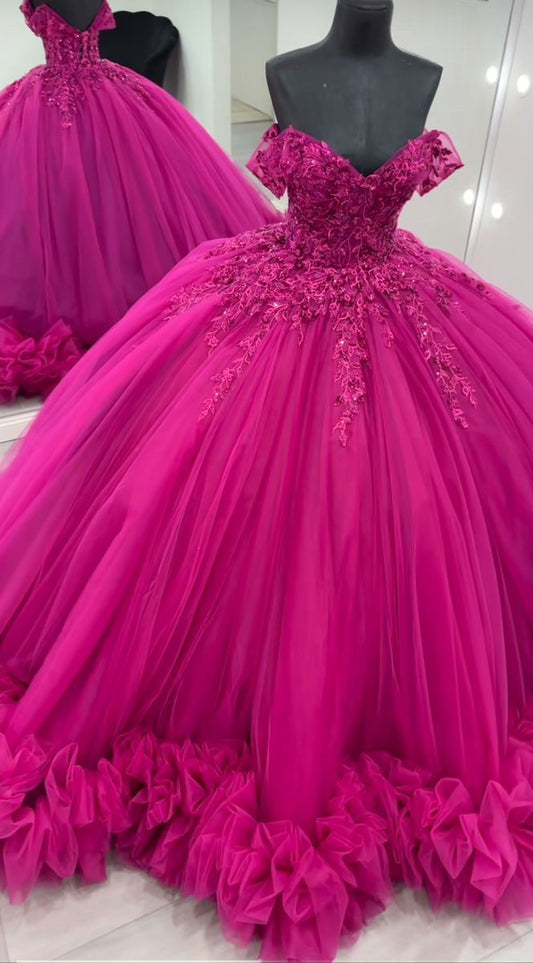 Rose red one-shoulder waisted puffy skirt princess dress, prom dress R5393