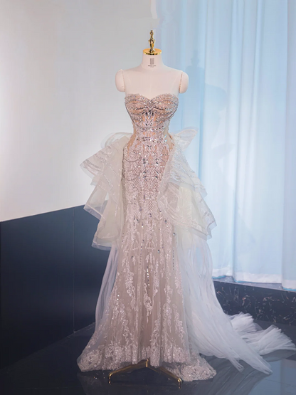 Light apricot strapless fitted waist bodycon long ball gown, bridal dress R8989