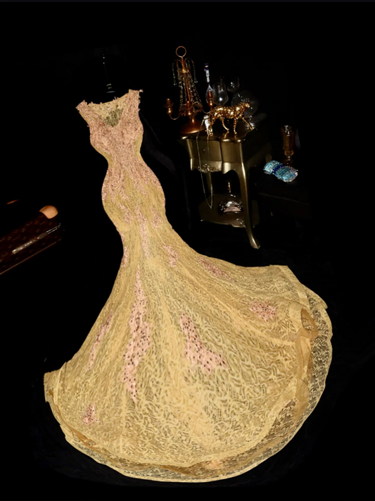 Gold sleeveless lace fitted fishtail sexy long ball gown R6902