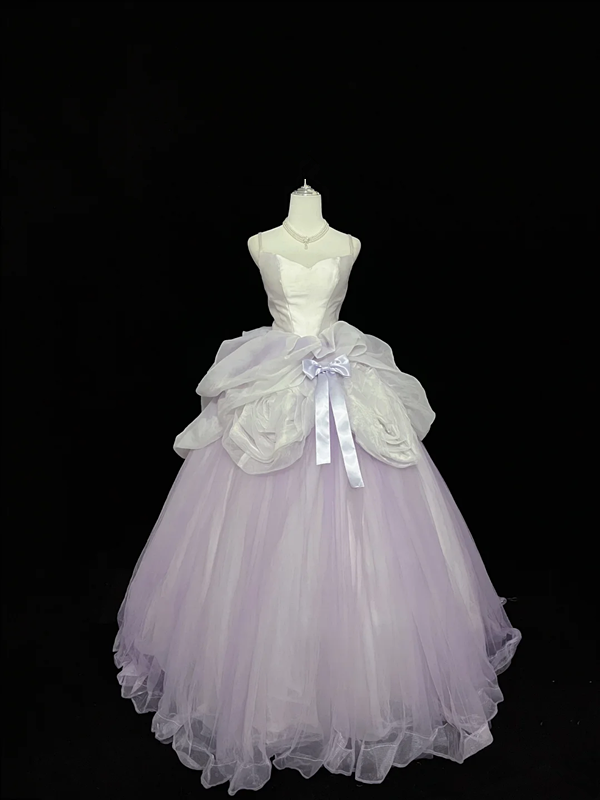 White strapless bodice, light purple tulle skirt, long ball gown R9049