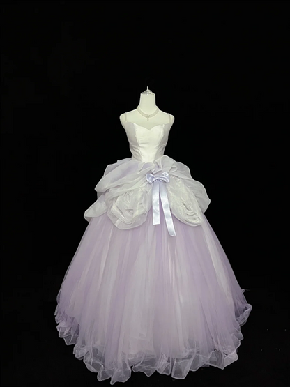 White strapless bodice, light purple tulle skirt, long ball gown R9049