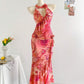 Pink floral halter neck slim waist sexy dress, prom dress R5433