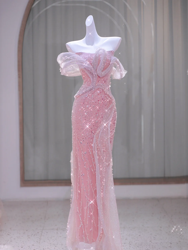 Pink tube top sequined waist slim hip design ball gown bridal gown R5865