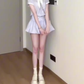 Gentle blue striped short-sleeved dress with elegant waist A-line short skirt R0818