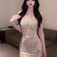 Large size French pure desire feeling lace patchwork dress sequin hip skirt R1864