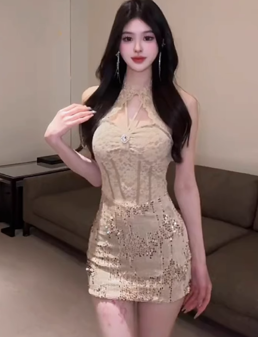 Large size French pure desire feeling lace patchwork dress sequin hip skirt R1864