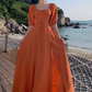 Gentle Temperament Square Neck Puff Sleeve Dress Backless Slit Long Dress R0599