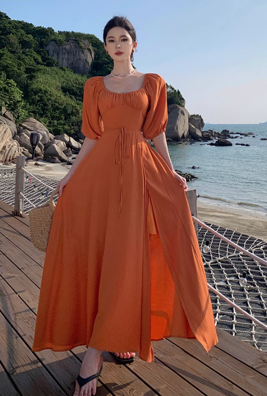Gentle Temperament Square Neck Puff Sleeve Dress Backless Slit Long Dress R0599