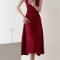 Retro red square neck suspender dress temperament waist banquet engagement A-line dress R1427