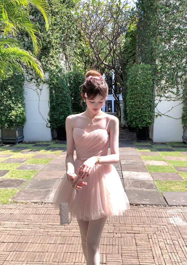 Pink waist chiffon suspender dress for women summer French retro temperament slim skirt R4866