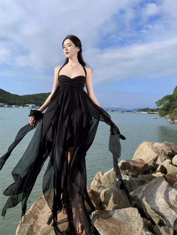 Black sexy tube top long skirt elegant and fairy irregular hem halter neck backless beach dress R1618