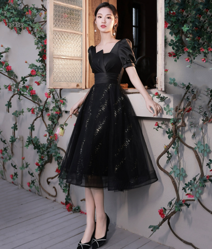 Elegant Black Prom Gown , Puff Sleeves Glitter Corset Maxi Evening Dress RS1460