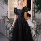 Elegant Black Prom Gown , Puff Sleeves Glitter Corset Maxi Evening Dress RS1460