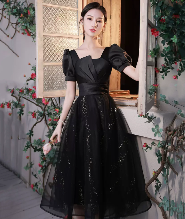 Elegant Black Prom Gown , Puff Sleeves Glitter Corset Maxi Evening Dress RS1460