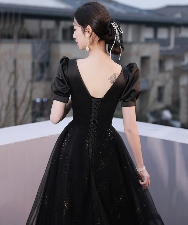 Elegant Black Prom Gown , Puff Sleeves Glitter Corset Maxi Evening Dress RS1460