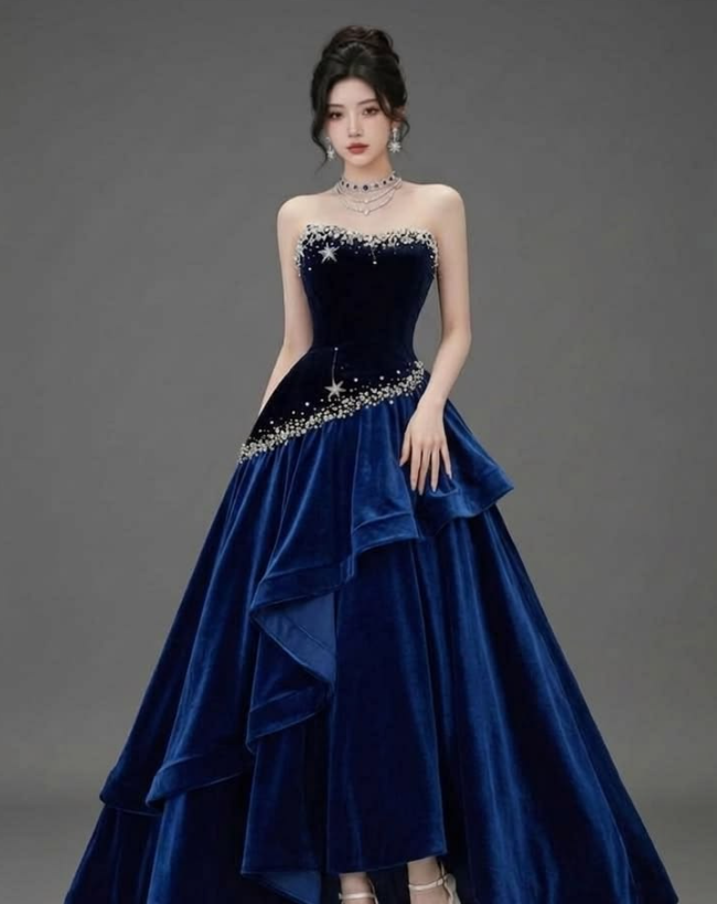 Beaded Sleeveless Satin Corset Prom Gown ,Sparkly Navy Maxi Evening Dress Ball Gown RS2095