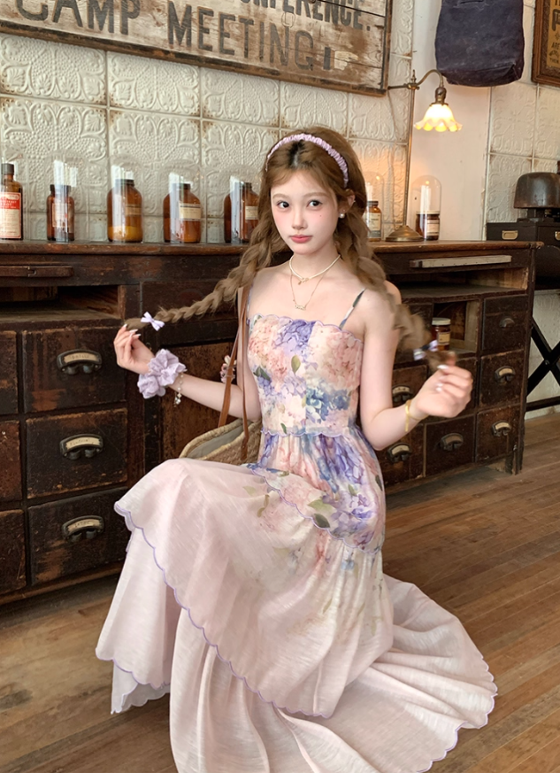 Long purple waist-length neckline suspender dress summer French retro temperament slim skirt R4780