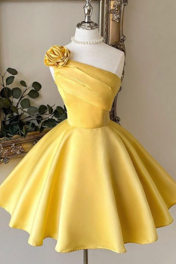 Silky Satin Corset Homecoming Dress , Vibrant Yellow Short Prom Dress Party Dress RS2106