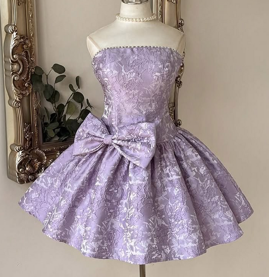 Embroidered Bow Decor Corset Homecoming Dress , Dreamy Lavender Short Prom Dress Birthday Dress RS2116