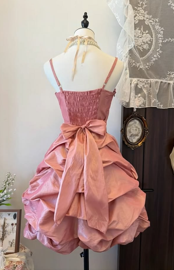 Pleated Puffy Corset Homecoming Dress , Dreamy Pink Short Prom Dress Party Dress RS2117