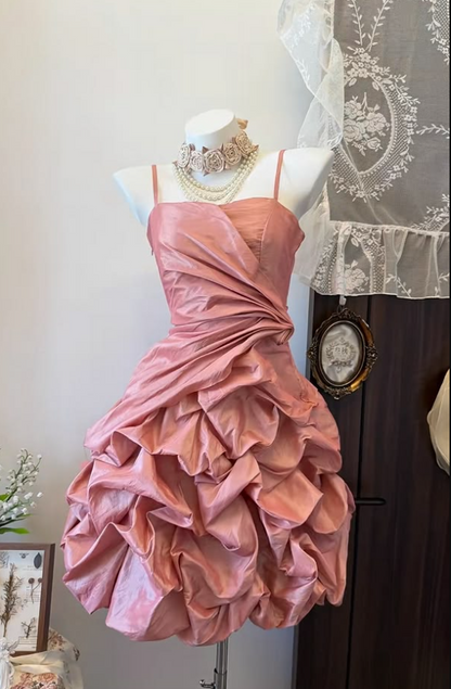 Pleated Puffy Corset Homecoming Dress , Dreamy Pink Short Prom Dress Party Dress RS2117