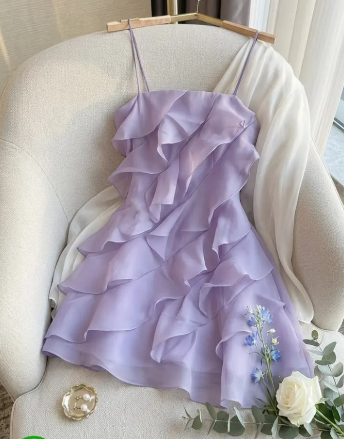Pleated Chiffon Flowy Homecoming Dress , Dreamy Lavender Mini Summer Dress RS2118