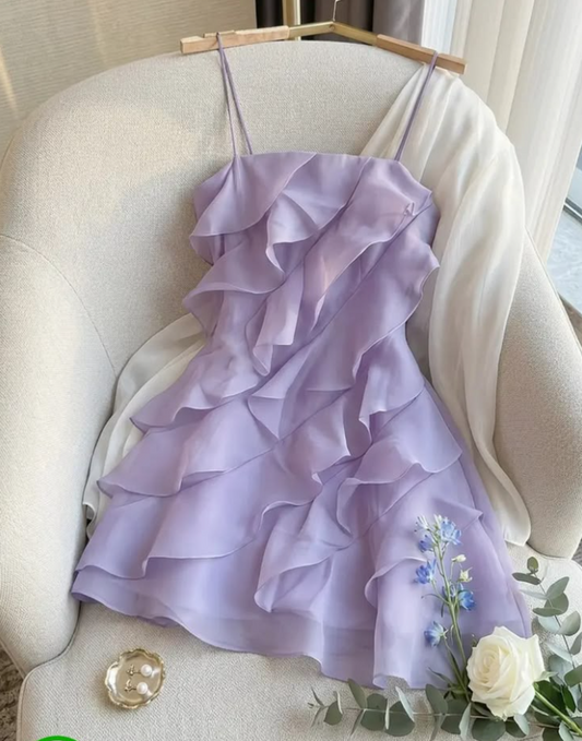 Pleated Chiffon Flowy Homecoming Dress , Dreamy Lavender Mini Summer Dress RS2118
