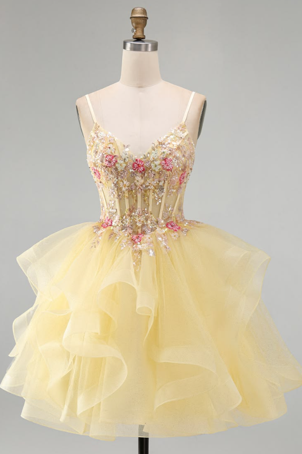 Floral Decor Puffy Corset Homecoming Dress , Gentle Yellow Short Prom Dress RS2122