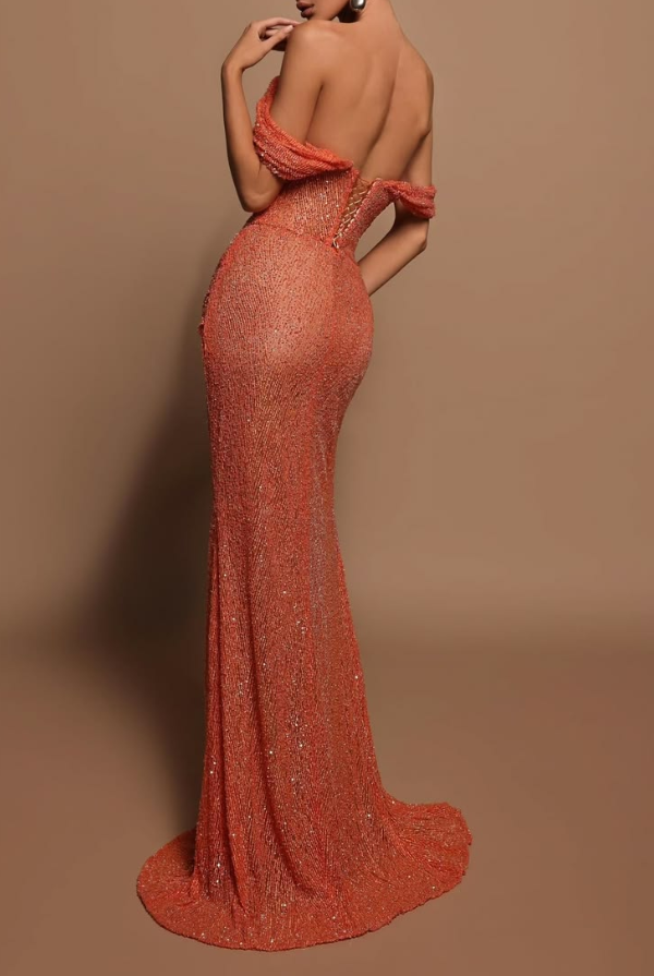 Slim Sleeveless High-slit Bodycon Prom Gown ,Sparkly Orange Maxi Evening Dress Ball Gown RS2097