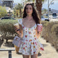 White Printed Low Cut Sexy Waist Short Skirt Homecoming Dress R3301