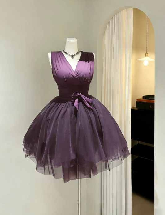 Tulle Puffy Silky Corset Homecoming Dress , Elegant Purple Short Prom Dress RS2125