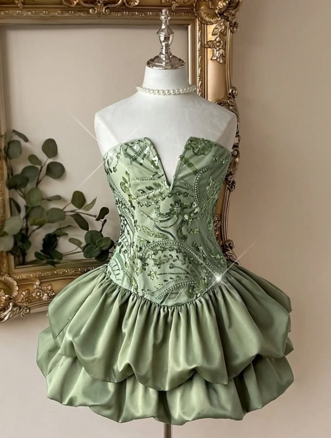 Embroidered Tiered Corset Homecoming Dress , Charming Green Short Prom Dress RS2126