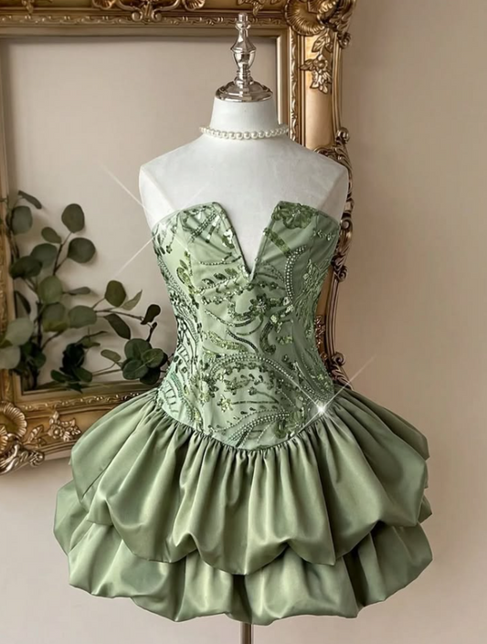 Embroidered Tiered Corset Homecoming Dress , Charming Green Short Prom Dress RS2126