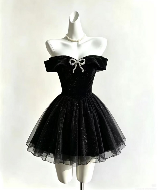 Tulle Hazy Corset Homecoming Dress , Sparkly Black Short Prom Dress RS2127