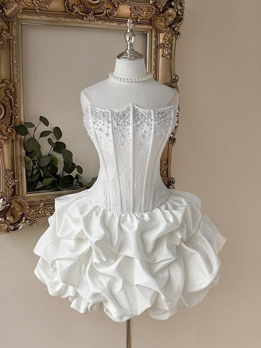 Beaded Puffy Corset Homecoming Dress , Minimalist White Short Prom Dress Party Dress RS2128