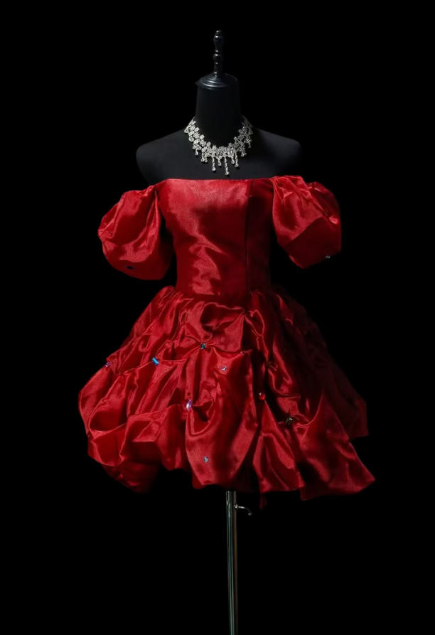 Pleated Puffy Corset Homecoming Dress , Vibrant Red Short Prom Dress Party Dress RS2129