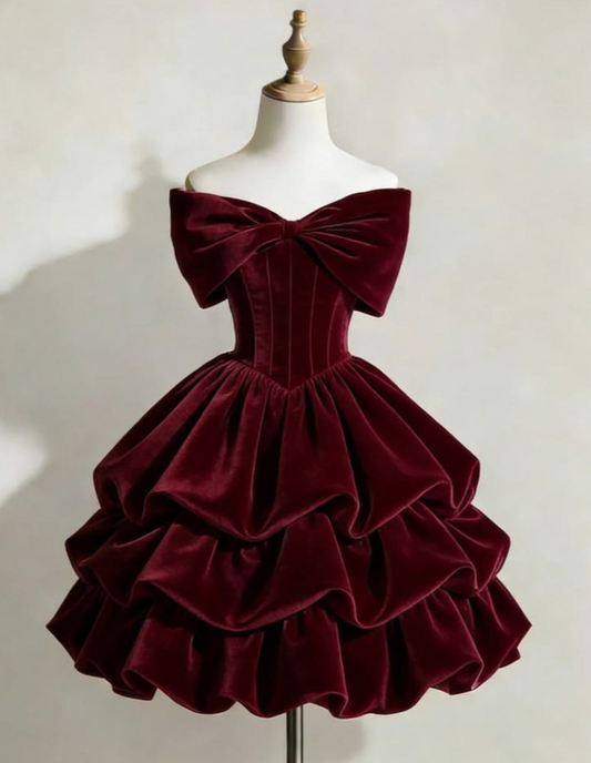 Velvet Ruffled Corset Homecoming Dress , Elegant Burgundy Short Prom Dress Birthday Dress RS2131