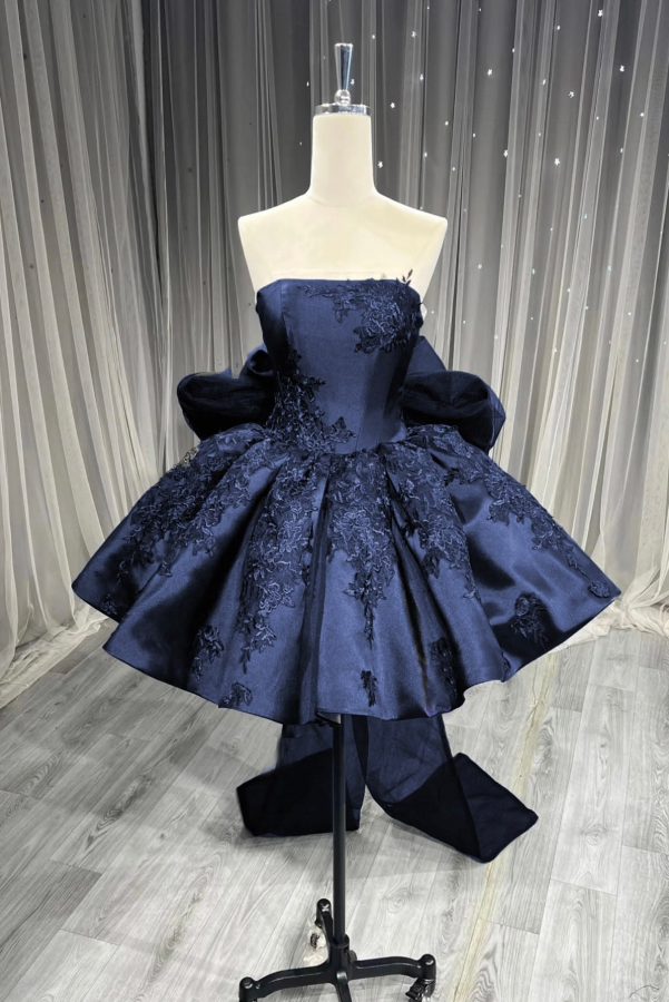 Embroidered Satin Corset Homecoming Dress , Stunning Navy Short Prom Dress Birthday Dress RS2132