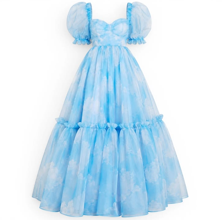 Flowy Puff Sleeveless Corset Prom Gown ,Dreamy Blue Maxi Evening Dress Ball Gown RS2139