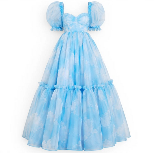 Flowy Puff Sleeveless Corset Prom Gown ,Dreamy Blue Maxi Evening Dress Ball Gown RS2139